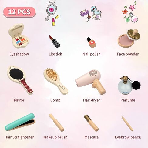 ألعاب مكياج خشبية من إيمرفن مجموعة أدوات المكياج للعب التظاهري، صالون تجميل للبنات أطقم مكياج للبنات، هدية عيد الميلاد المجيد للأطفال بعمر 4 و5 و6 و7 سنوات in Kuwait