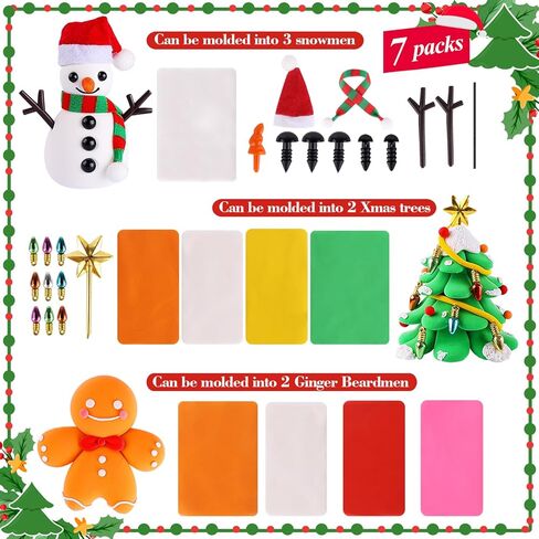 حشوات تخزين عيد الميلاد للأطفال، مجموعة من 7 قطع لبناء رجل ثلج لعيد الميلاد، ألعاب عيد الميلاد DIY مع شجرة عيد الميلاد ورجل خبز الزنجبيل، طين تشكيل جاف بالهواء لتزيين عيد الميلاد، هدية عيد الميلاد in Kuwait