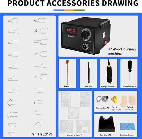 مجموعة كاوي لحام من بيروغرافي بقدرة 60 واط وشاشة ال سي دي مع درجة حرارة قابلة للتعديل مع 21 طرف سلك بيروغرافي للخشب والجلد والقرع in Kuwait