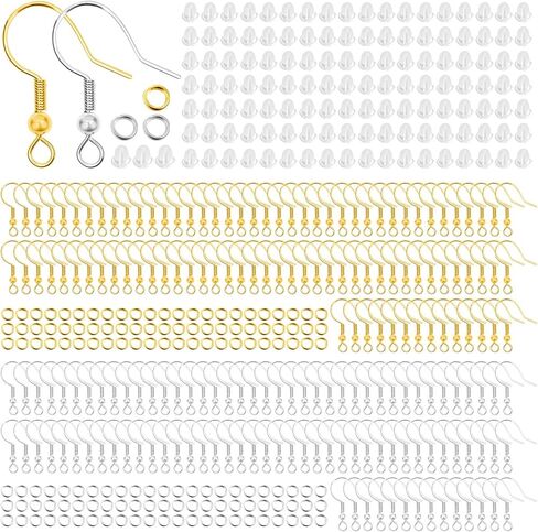 1800 قطعة من لوازم صناعة الأقراط خطافات حلق مضادة للحساسية، مجموعة صنع الأقراط مع خطافات حلق، حلقات القفز وظهر أقراط مطاطية شفافة لصنع المجوهرات بنفسك (ذهبي وفضي) in Kuwait
