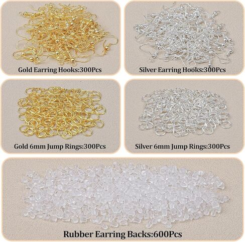 1800 قطعة من لوازم صناعة الأقراط خطافات حلق مضادة للحساسية، مجموعة صنع الأقراط مع خطافات حلق، حلقات القفز وظهر أقراط مطاطية شفافة لصنع المجوهرات بنفسك (ذهبي وفضي) in Kuwait