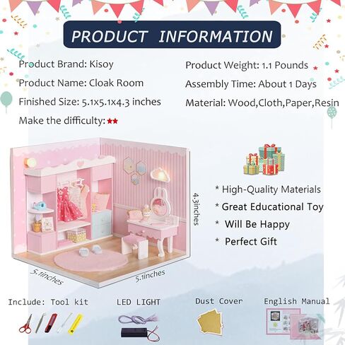 Kisoy Dollhouse Miniature with Furniture Kit, DIY 3D Wooden DIY House Kit A Corner of a Small Apartment Style with Dust Cover & LED,Handmade Tiny House Toys for Kids Adults Gift (Pet Room) in Kuwait