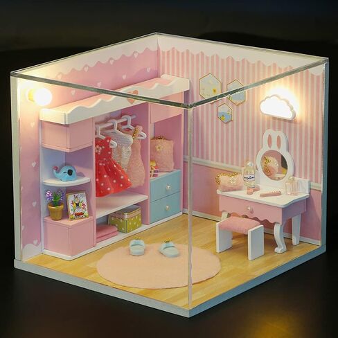 Kisoy Dollhouse Miniature with Furniture Kit, DIY 3D Wooden DIY House Kit A Corner of a Small Apartment Style with Dust Cover & LED,Handmade Tiny House Toys for Kids Adults Gift (Pet Room) in Kuwait