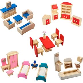 Dollhouse Furniture Wooden Doll House Furnisher 5 Set and 7 Family Dolls, Doll Wood Accessories and Furnishings for 1:12 Scale Miniature Dollhouse, Family Figures Pretend Play Toy
