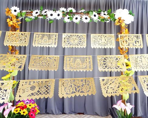 Gold Papel Picado Banner - Matte Gold Papel PicadoTissue Paper Banner for fiestas, weddings, bridal shower, engagement, baby shower, birthdays 2 pack/12ft long each)/ Not plastic in Kuwait