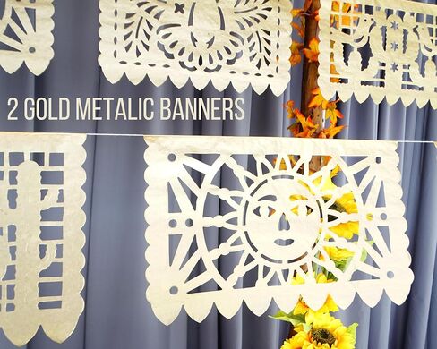 Gold Papel Picado Banner - Matte Gold Papel PicadoTissue Paper Banner for fiestas, weddings, bridal shower, engagement, baby shower, birthdays 2 pack/12ft long each)/ Not plastic in Kuwait