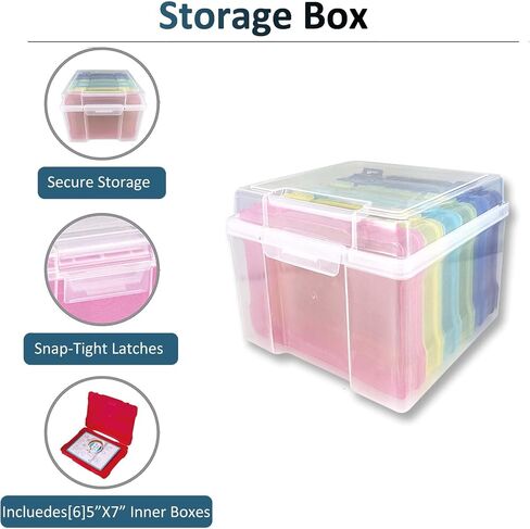 ASIYUN Photo Storage Box, 5" x 7" Greeting Card Organizer, Main Container with 6 Organization Cases for Birthday Get Well Cards, Photos, Crafts, Scrapbooking, Paper, Stickers(Color) in Kuwait