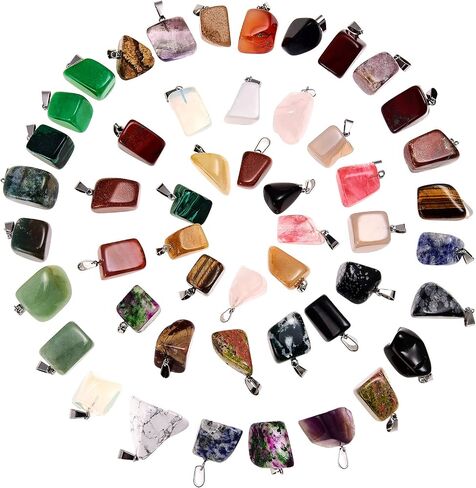 Hicarer 50 Pieces Mixed Stone Beads Crystal Stone Pendants Quartz Charms with Storage Bag for Jewelry Making in Kuwait