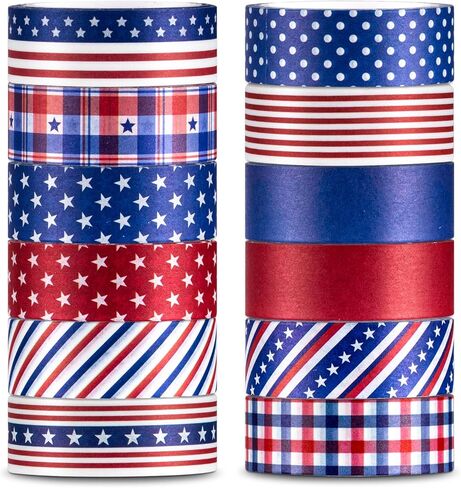 Whaline 12 Rolls 4th of July Washi Tape Patriotic Stars Stripes Washi Masking Tape Red Blue White Plaids Decorative Paper Stickers for Independence Day Scrapbook Gift Wrapping DIY Art Crafts in Kuwait