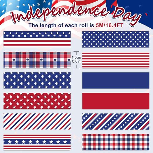 Whaline 12 Rolls 4th of July Washi Tape Patriotic Stars Stripes Washi Masking Tape Red Blue White Plaids Decorative Paper Stickers for Independence Day Scrapbook Gift Wrapping DIY Art Crafts in Kuwait