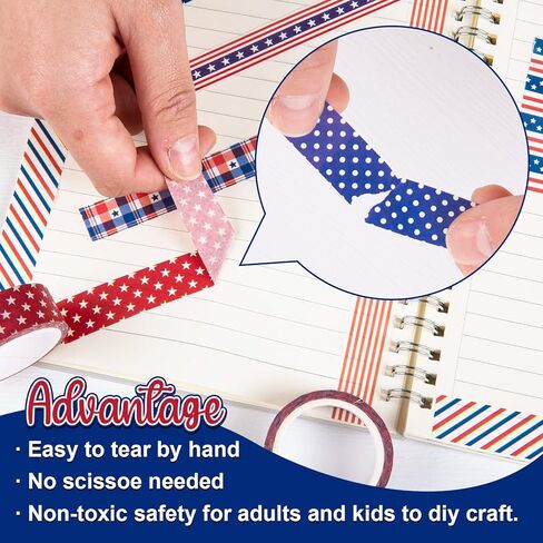 Whaline 12 Rolls 4th of July Washi Tape Patriotic Stars Stripes Washi Masking Tape Red Blue White Plaids Decorative Paper Stickers for Independence Day Scrapbook Gift Wrapping DIY Art Crafts in Kuwait