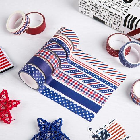 Whaline 12 Rolls 4th of July Washi Tape Patriotic Stars Stripes Washi Masking Tape Red Blue White Plaids Decorative Paper Stickers for Independence Day Scrapbook Gift Wrapping DIY Art Crafts in Kuwait
