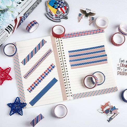 Whaline 12 Rolls 4th of July Washi Tape Patriotic Stars Stripes Washi Masking Tape Red Blue White Plaids Decorative Paper Stickers for Independence Day Scrapbook Gift Wrapping DIY Art Crafts in Kuwait