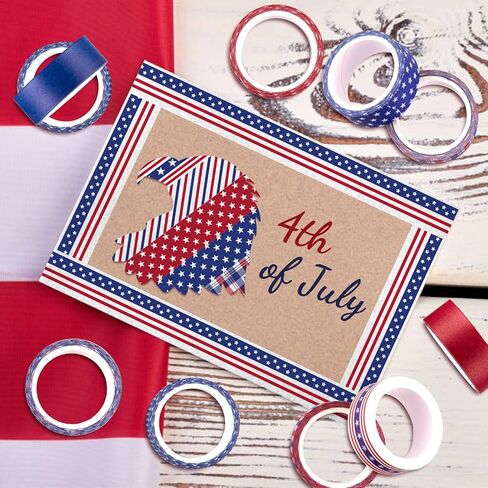 Whaline 12 Rolls 4th of July Washi Tape Patriotic Stars Stripes Washi Masking Tape Red Blue White Plaids Decorative Paper Stickers for Independence Day Scrapbook Gift Wrapping DIY Art Crafts in Kuwait
