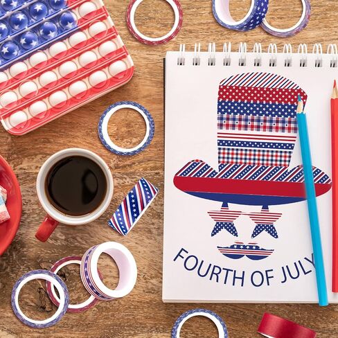 Whaline 12 Rolls 4th of July Washi Tape Patriotic Stars Stripes Washi Masking Tape Red Blue White Plaids Decorative Paper Stickers for Independence Day Scrapbook Gift Wrapping DIY Art Crafts in Kuwait
