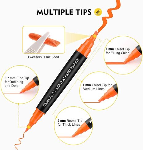 أقلام تلوين أكريليك 24 لونًا من ماجيك فلاي، مجموعة أقلام طلاء أكريليك ذات وجهين مع 3 رؤوس لطلاء الصخور، حجر سيراميك، زجاج، خشب، مقاوم للماء، غير سامة، تجفيف سريع in Kuwait