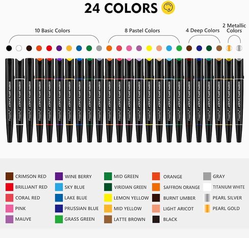 أقلام تلوين أكريليك 24 لونًا من ماجيك فلاي، مجموعة أقلام طلاء أكريليك ذات وجهين مع 3 رؤوس لطلاء الصخور، حجر سيراميك، زجاج، خشب، مقاوم للماء، غير سامة، تجفيف سريع in Kuwait