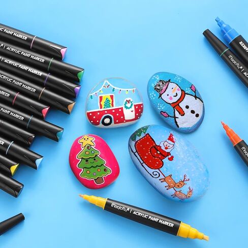 أقلام تلوين أكريليك 24 لونًا من ماجيك فلاي، مجموعة أقلام طلاء أكريليك ذات وجهين مع 3 رؤوس لطلاء الصخور، حجر سيراميك، زجاج، خشب، مقاوم للماء، غير سامة، تجفيف سريع in Kuwait