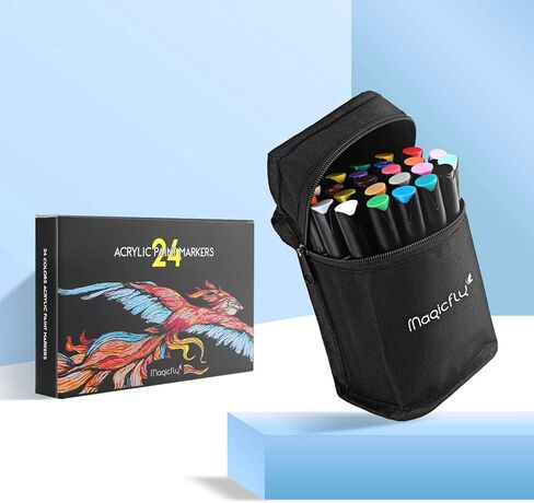 أقلام تلوين أكريليك 24 لونًا من ماجيك فلاي، مجموعة أقلام طلاء أكريليك ذات وجهين مع 3 رؤوس لطلاء الصخور، حجر سيراميك، زجاج، خشب، مقاوم للماء، غير سامة، تجفيف سريع in Kuwait