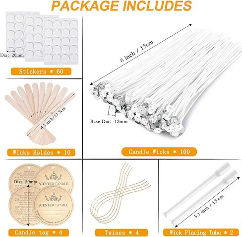 Candle Wick Kit, 100pcs Candle Wicks with Wick Stickers, Wick Holders, Wick Placing Tube and Candle Tags for Candle Making … (6 inch kit) in Kuwait