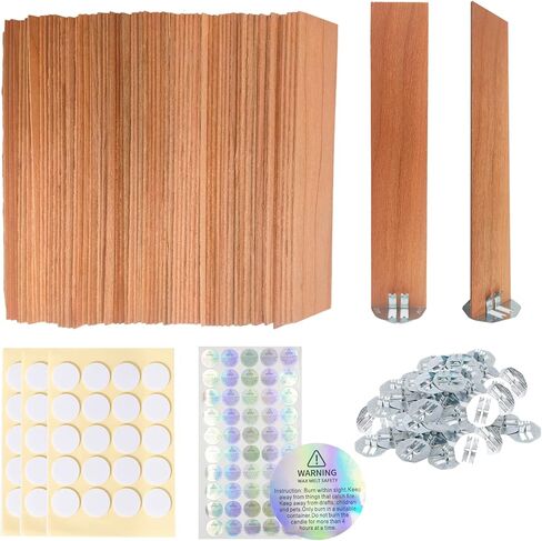 Ziosxin 50pcs Thicken Smokeless Cherry Wood Candle Wicks-Long Lasting Flame-Easily Burn, Natural Candle Cores with Stand and Glue Dot, Warning Label (W:13cm/5.1",H:2.5cm/1",D:1.2mm/0.047") in Kuwait