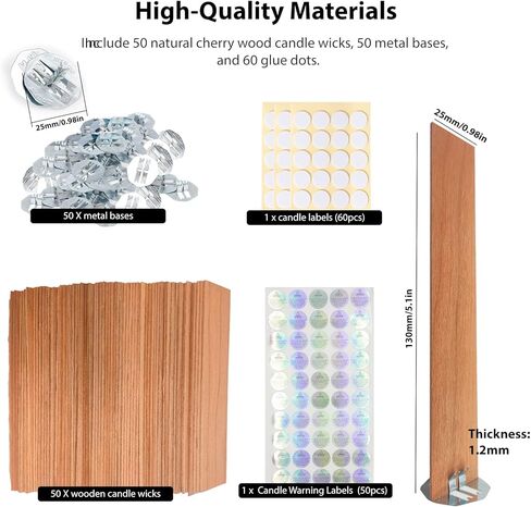 Ziosxin 50pcs Thicken Smokeless Cherry Wood Candle Wicks-Long Lasting Flame-Easily Burn, Natural Candle Cores with Stand and Glue Dot, Warning Label (W:13cm/5.1",H:2.5cm/1",D:1.2mm/0.047") in Kuwait