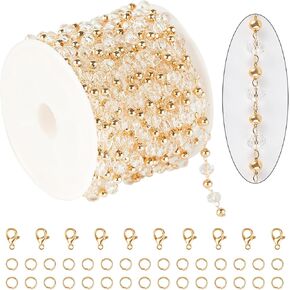 KYUNHOO 16.4 Feet Gold Plated Brass Beaded Jewelry Chain Bulk Clear Glass Crystal Necklace Chain for Women Jewelry Making Supplies Findings