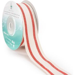 CT CRAFT LLC Ivory Cotton Red Stripes Ribbon 3/8" x 10 Yards for Home Décor Gift Present Wrapping DIY Crafts Birthday Wedding Bouquet Christmas