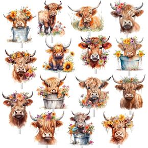 36Pcs Highland Cow Cupcake Toppers Highland Cow Birthday Decorations Highland Cow Party Supplies Highland Cow Cattle Cake Decorations for Farm Animal Birthday Party Baby Shower Supplies