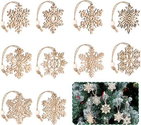 زخرفة رقاقات الثلج الخشبية غير المكتملة من ABSOFINE، 36 قطعة من زينة شجرة الكريسماس المعلقة لتزيين الخشب بنفسك على شكل ندفة الثلج وحرف عيد الميلاد مع خيوط (9) in Kuwait