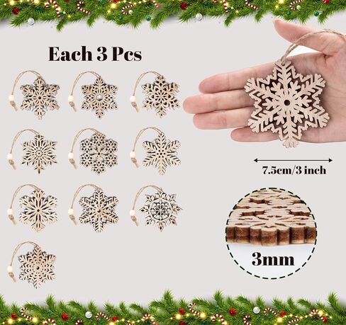 زخرفة رقاقات الثلج الخشبية غير المكتملة من ABSOFINE، 36 قطعة من زينة شجرة الكريسماس المعلقة لتزيين الخشب بنفسك على شكل ندفة الثلج وحرف عيد الميلاد مع خيوط (9) in Kuwait