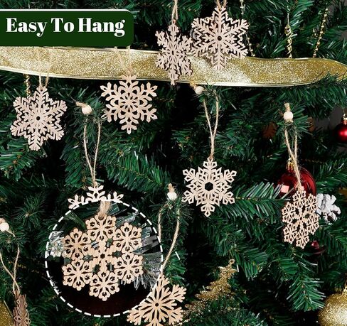 زخرفة رقاقات الثلج الخشبية غير المكتملة من ABSOFINE، 36 قطعة من زينة شجرة الكريسماس المعلقة لتزيين الخشب بنفسك على شكل ندفة الثلج وحرف عيد الميلاد مع خيوط (9) in Kuwait