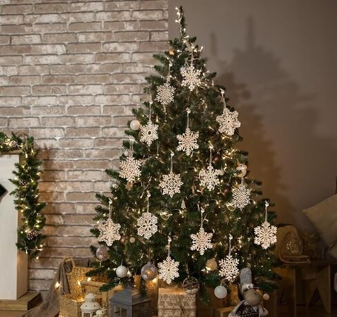 زخرفة رقاقات الثلج الخشبية غير المكتملة من ABSOFINE، 36 قطعة من زينة شجرة الكريسماس المعلقة لتزيين الخشب بنفسك على شكل ندفة الثلج وحرف عيد الميلاد مع خيوط (9) in Kuwait