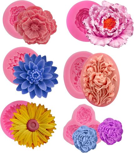 6 Pack Flower Mold: Peony, Rose, Sunflower Resin Casting Molds for Candle Making, Home Decor, 3D Animal Silicone Molds in Kuwait