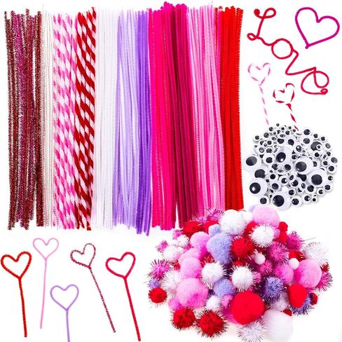 Whaline 500Pcs Valentine's Day Pipe Cleaners Set, Including 160Pcs Craft Chenille Stems, 180Pcs Multi Sized Wiggle Eyes and 160Pcs Multi Sized Pompoms for Valentine Craft Party DIY Art Supplies in Saudi Arabia
