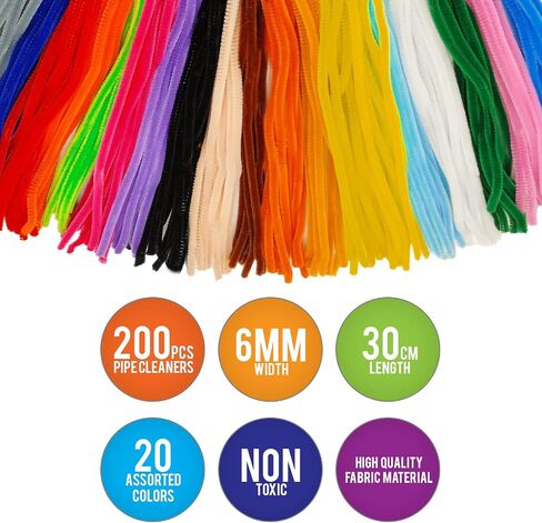 CRAFTUS 200Pcs Pipe Cleaners 20 Assorted Colors, 12 inch Long Fuzzy Craft Pipe Cleaners for DIY Art & Craft Supplies, Chenille Stems for Kids Creative Craft Decorations in Saudi Arabia