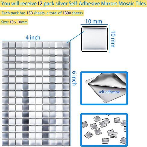 موتباك 1800 قطعة من بلاط الفسيفساء المرايا ذاتية اللصق مقاس 10×10 ملم، زجاج مربع صغير حقيقي، ملصقات مرآة صغيرة مقطوعة بالفسيفساء، ملحقات ديكور للحرف اليدوية in Kuwait
