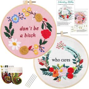 Nuberlic 2 Sets Funny Embroidery Kit for Beginners Adults, Embroidery Starter Kit with Stamped Floral Pattern, Simple Cross Stitch Kits Include Embroidery Needlepoint Cloth Hoops Needles Threads