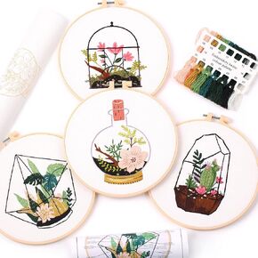 REEWISLY 4 pcs Embroidery kit for Beginners Patterns and Instructions, DIY Adult Beginner Cross Stitch Kits, Including 2 Plastic Embroidery Hoops, 1 Pair of Scissors, Colored Threads and Needles