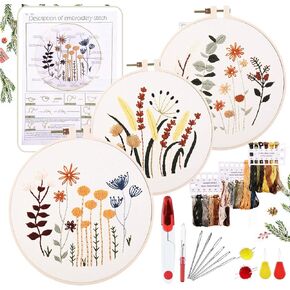 YINVA 3 Sets Embroidery Beginner Kits Embroidery Starter Kit Cross Stitch Kit Include 3 Embroidery Clothes with Floral Pattern Instructions Hoops Floss Thread Fabric Needles for Beginners in Kuwait