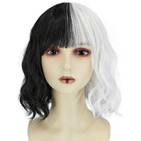 شعر مستعار Ccfurwo Kids Cruella Deville شعر مستعار أبيض وأسود لزي Cruella Deville للفتيات والأطفال شعر مستعار قصير مموج مع قبعات شعر مستعار للحفلات التنكرية CC036BW in Kuwait