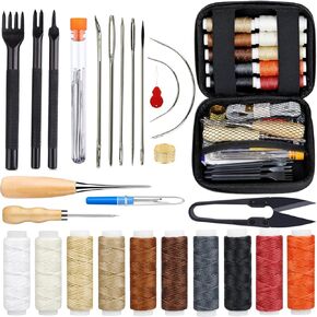 PLANTIONAL Leather Stitching Sewing Kit: 31PCS Leather Sewing Kit with 4mm Lacing Stitching Chisel, Leather Sewing Tools, Waxed Thread and Large-Eye Stitching Needles for Crafting Projects in Kuwait