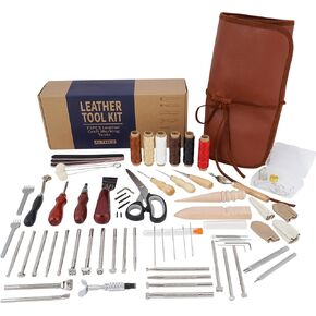 مجموعة أدوات العمل والخياطة الجلدية - مجموعة أدوات جلدية تحتوي على 72 قطعة للخياطة واللكم والنحت والختم والقطع مع حقيبة تخزين للحرف الجلدية، وأدوات العمل الجلدية للخياطة والحرفية in Kuwait