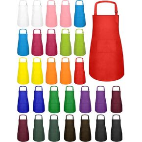 30 Pcs Kids Apron Bulk Adjustable Children Bib Aprons with Pockets for Girls Painting Kitchen Cooking Baking (15Color, L)