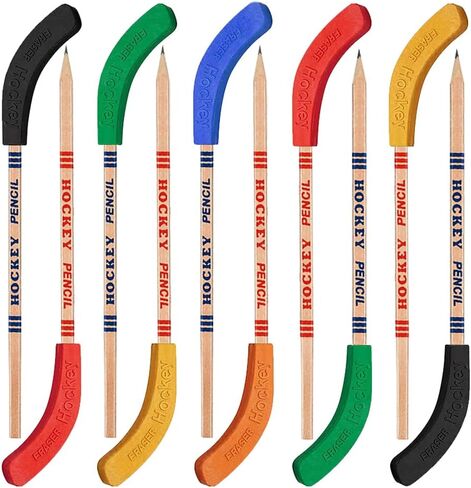 MINERGUY Hockey Pencils with Erasers 18pcs, 9-inch Hockey Sticks Pencils party favor, 6 Colors for Eraser, Hockey Fan Gifts for Kids, for School Table Hockey Game Pencil, Hockey Party Favors in Kuwait