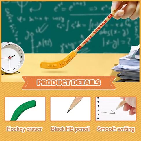MINERGUY Hockey Pencils with Erasers 18pcs, 9-inch Hockey Sticks Pencils party favor, 6 Colors for Eraser, Hockey Fan Gifts for Kids, for School Table Hockey Game Pencil, Hockey Party Favors in Kuwait