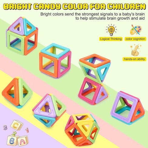 مكعبات مغناطيسية مطورة بالوان الحلوى للاطفال بعمر 3 و4 و5 و6 و7 و8 سنوات، العاب بناء تعليمية للتعلم والتكنولوجيا والهندسة والرياضيات للاطفال من 52 قطعة in Kuwait