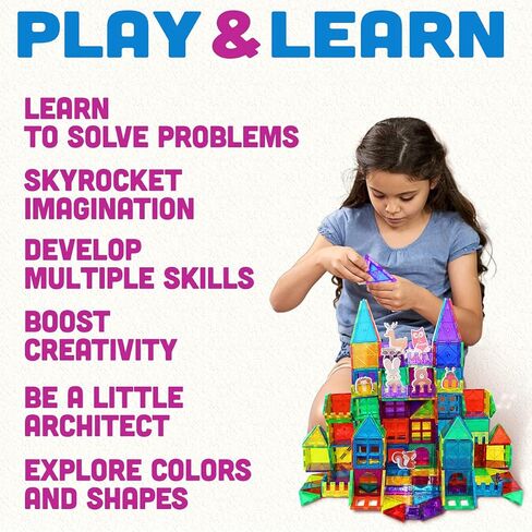 MagnaMagic 60 Piece Set 3D Magnet Building Tiles Plus Free Storage Bag - Safari Theme Kids Magnetic Tiles Set with Geometric Shape - Educational Magnet Tiles and Magnetic Building Blocks for Kids in Kuwait