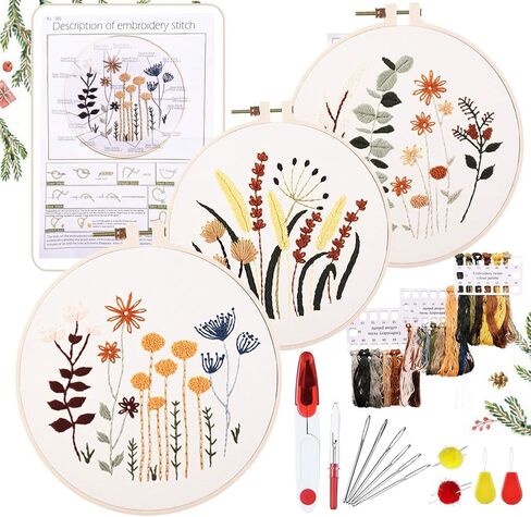 YINVA 3 Sets Embroidery Beginner Kits Embroidery Starter Kit Cross Stitch Kit Include 3 Embroidery Clothes with Floral Pattern Instructions Hoops Floss Thread Fabric Needles for Beginners in Kuwait