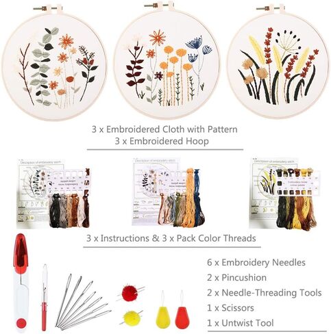 YINVA 3 Sets Embroidery Beginner Kits Embroidery Starter Kit Cross Stitch Kit Include 3 Embroidery Clothes with Floral Pattern Instructions Hoops Floss Thread Fabric Needles for Beginners in Kuwait